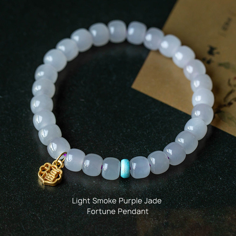 Hetian Jade Smoke Purple Buddha Bead Bracelet 14k Gold Plated Fortune Ox Deep and Light Smoke Purple Bracelet Old Style Beads 7*8 Hetian Jade Bracelet