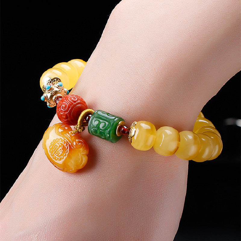 Women's Amber Old Style Bead Bracelet 7*9 Beads with Amber Ruyi Lock Pendant Bracelet Jasper Southern Red Retro Bracelet