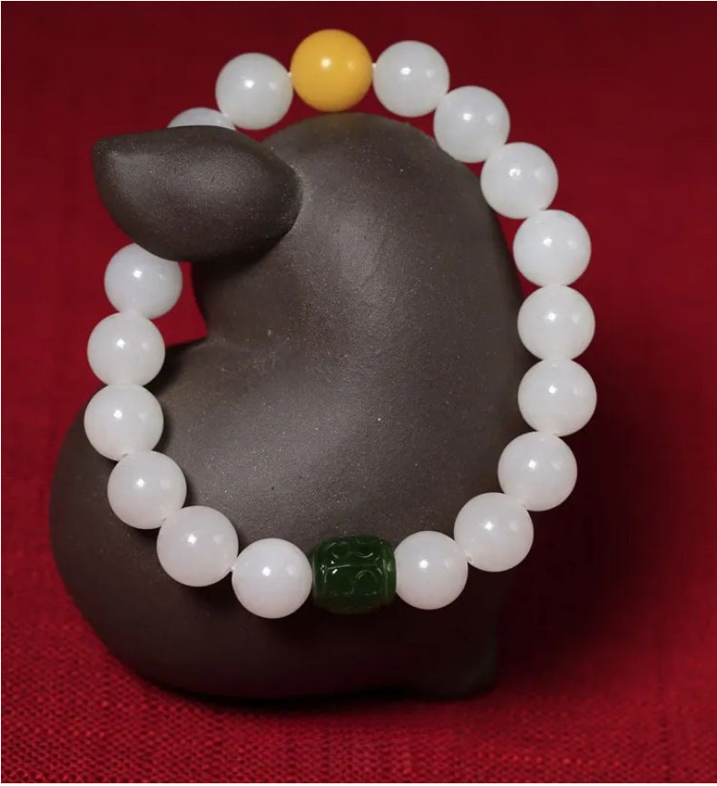 10mm Hetian White Jade Buddha Bead Bracelet Hetian Jasper Fortune Bead Bracelet Beeswax Fortune Bead Bracelet