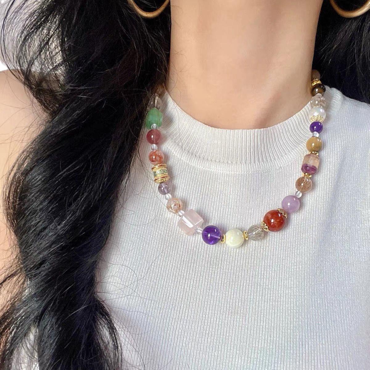 Original Design Real Shot Natural Kunzite Pearl Black Gold Super Seven White Crystal Yellow Crystal Multi-Gem Necklace Collarbone Chain
