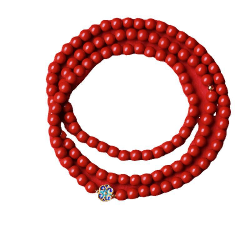 Elegant Women's 3-Loop Vermilion Bead Bracelet – 6mm Round Red Cinnabar Gift