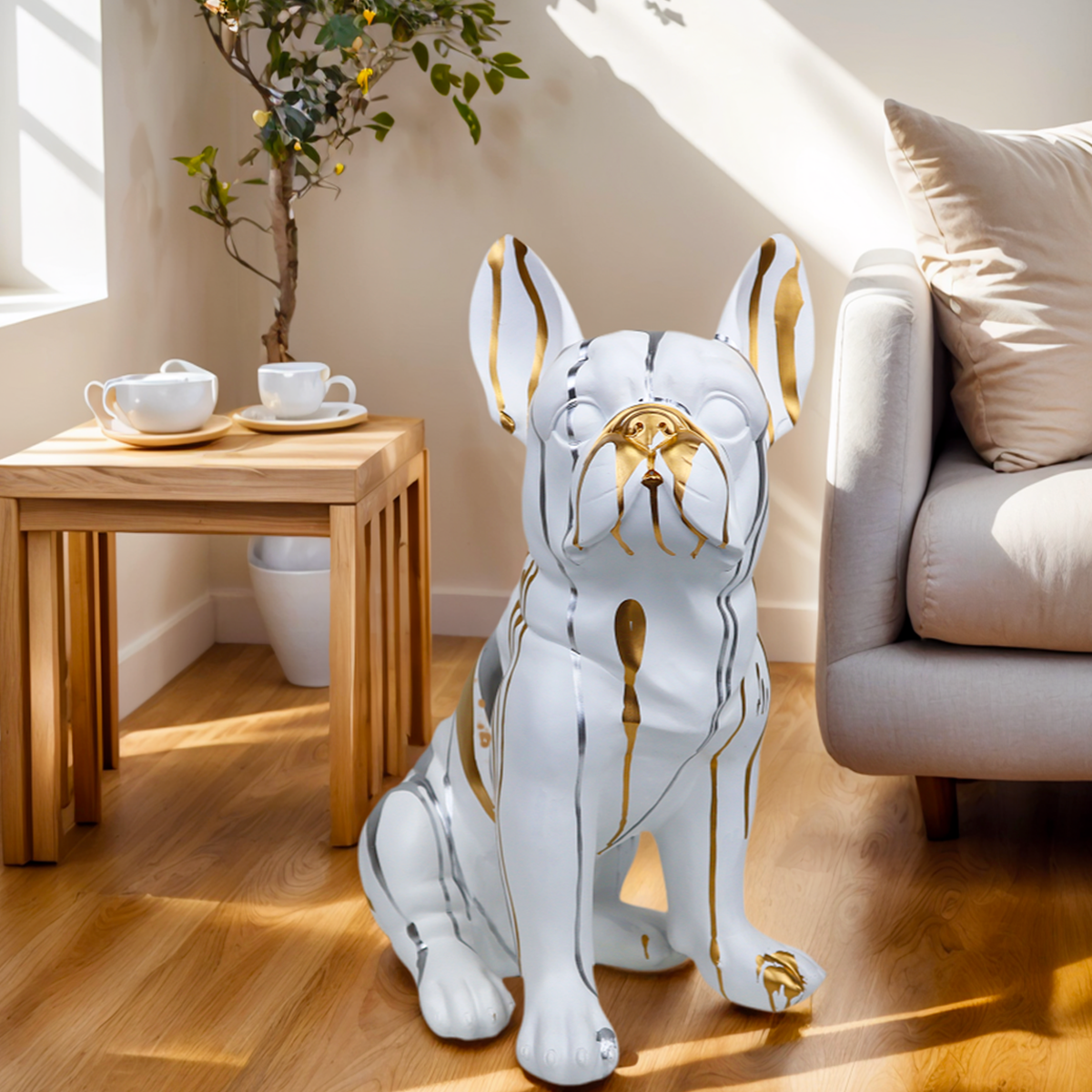 Creative Handmade Artwork Inkjet Bulldog Sculpture Siting Resin French Bulldog Statue for Home Decor
