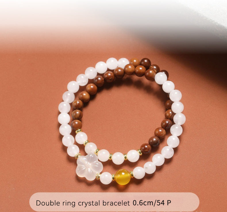 Double ring crystal bracelet paired with white jade marrow peach blossom, niche, fresh, versatile, jewelry for women