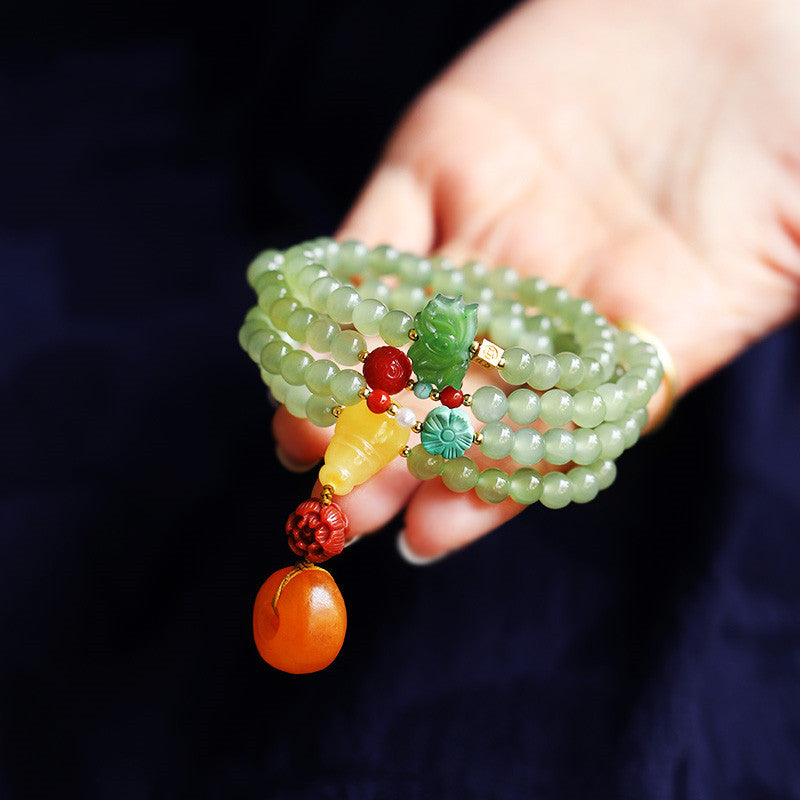 Oil-green Hetian Jade bracelet, 108 Buddha beads, old amber round clasp pendant, multi-circle bracelet