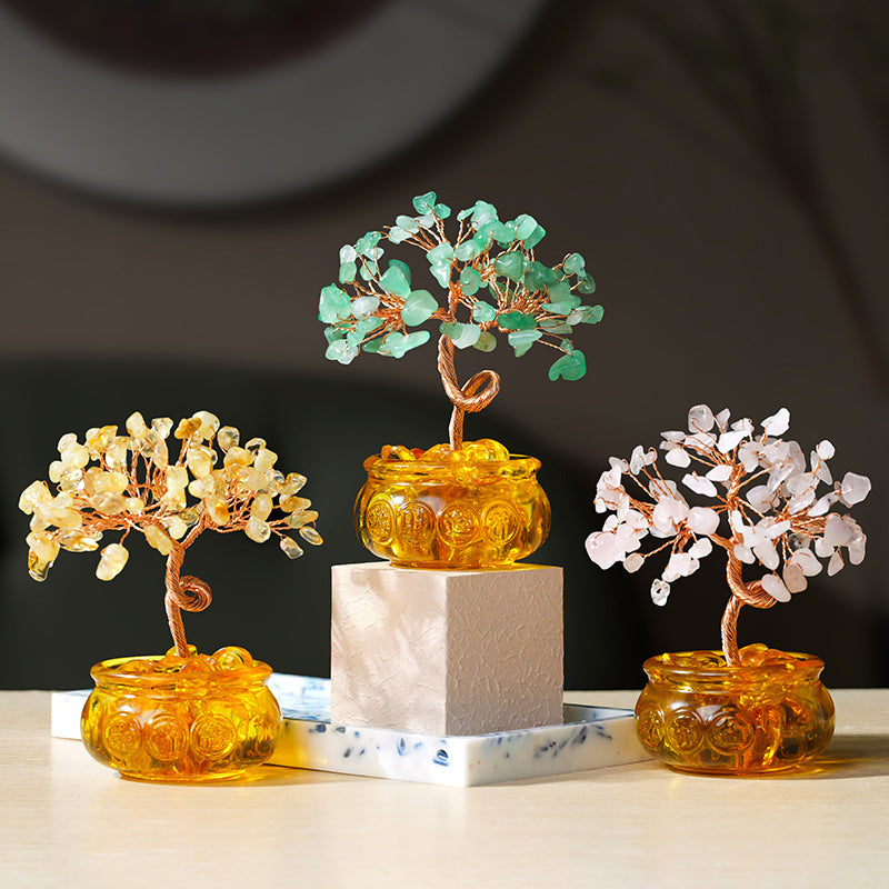 Natural Yellow Crystal Money Tree Glass Ingot Treasure Bowl Crystal Money Tree Home Decoration Desktop Ornament