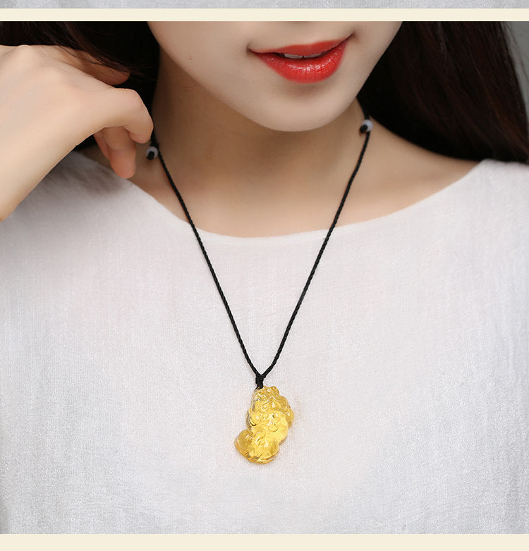 East Sea Imitation Natural Yellow Crystal Pixiu Pendant Men's Necklace Women's Obsidian Pendant Buddhist Bead Jewelry