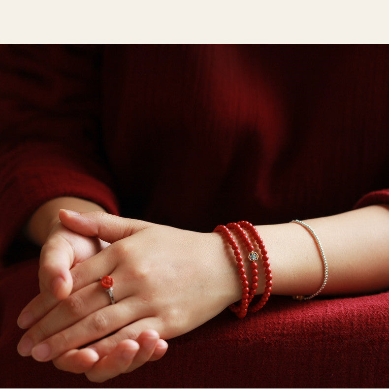 Elegant Women's 3-Loop Vermilion Bead Bracelet – 6mm Round Red Cinnabar Gift