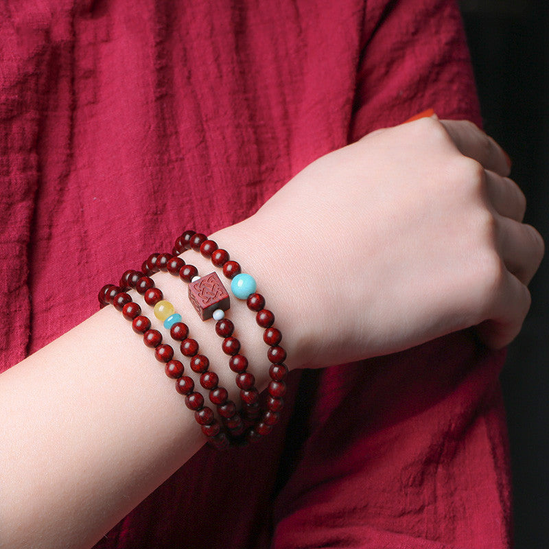 Small Leaf Red Sandalwood Buddha Bead Bracelet Women's 6mm Multi-loop Sandalwood Bracelet Old Material Gold Star Creative Multi-treasure Cultural Plaything