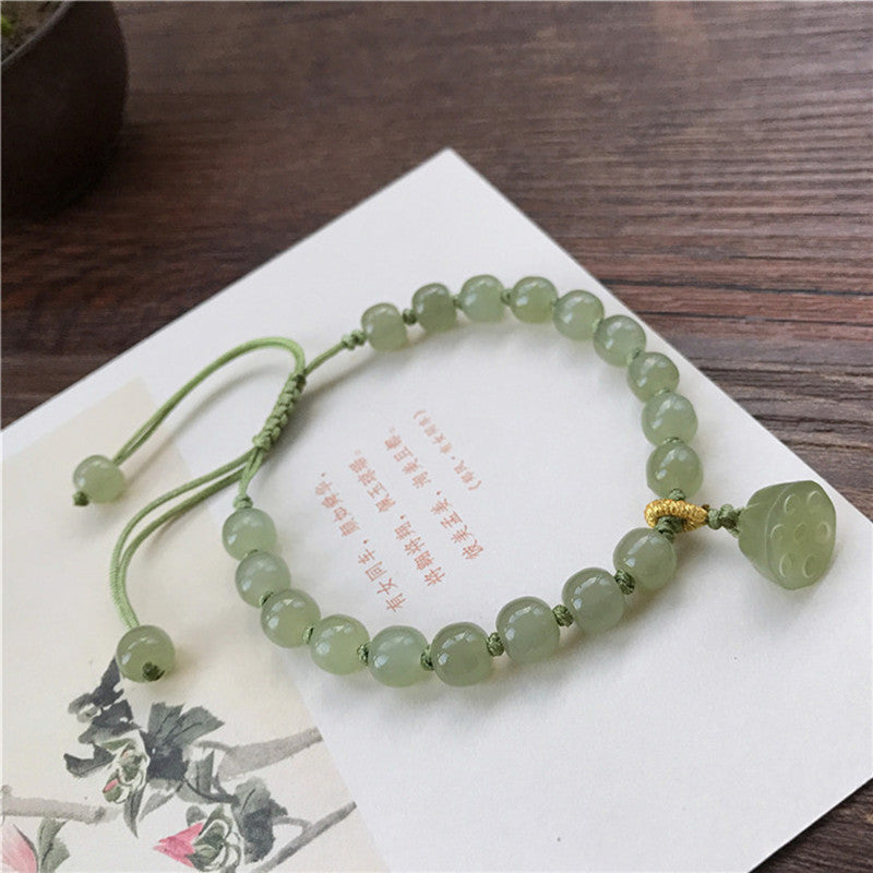 Elegant Women's Hetian Jade Bracelet: Old-Style Beads with Qingshui Jade Lotus Pendant – A Refreshing Hand Accessory & Thoughtful Gift
