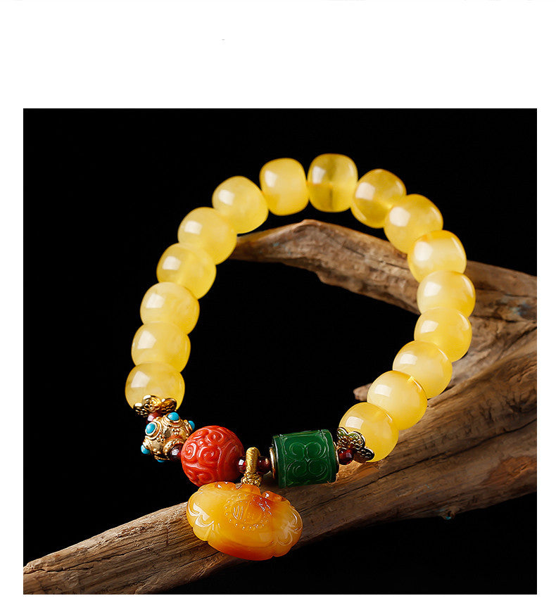 Women's Amber Old Style Bead Bracelet 7*9 Beads with Amber Ruyi Lock Pendant Bracelet Jasper Southern Red Retro Bracelet
