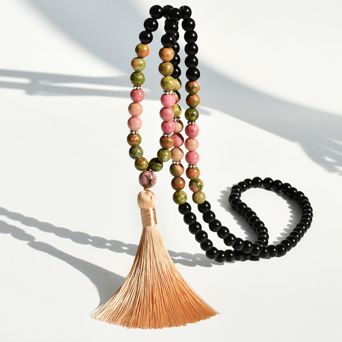 （Buy one, get one free）New 108 Faith Prayer Bead Necklace Handmade Beaded Multi Circle Prayer Bracelet Natural Stone Bohemian Tassel Long Necklace