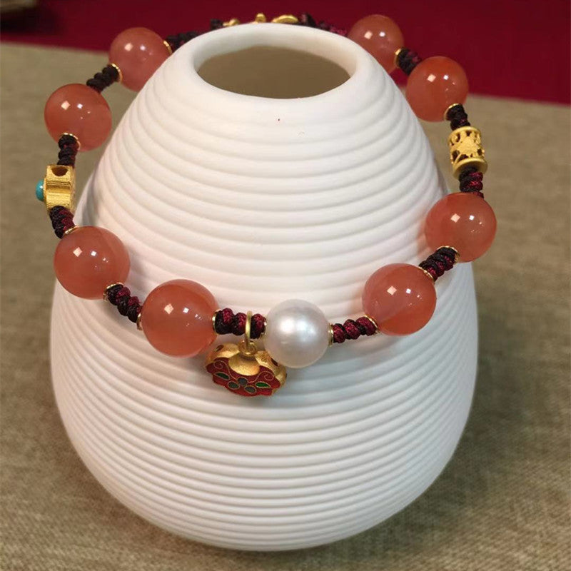 Women's Southern Red Bracelet Cherry Red Woven Bracelet Ancient Silver Jewelry Vintage Bracelet Ethnic Style One Piece Dropshipping