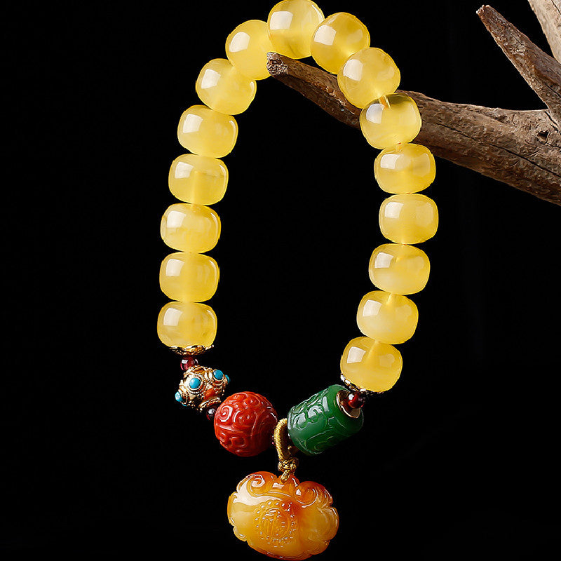 Women's Amber Old Style Bead Bracelet 7*9 Beads with Amber Ruyi Lock Pendant Bracelet Jasper Southern Red Retro Bracelet