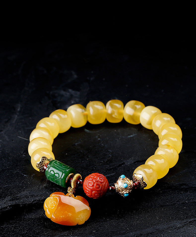Women's Amber Old Style Bead Bracelet 7*9 Beads with Amber Ruyi Lock Pendant Bracelet Jasper Southern Red Retro Bracelet