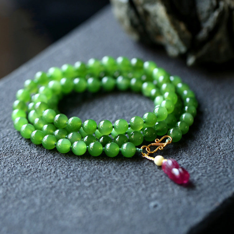 Elegant Women's Vintage Apple Green Jade Bracelet - Hetian Jade Multi-Loop Bracelet & Necklace Two-in-One Design with Tourmaline Charms
