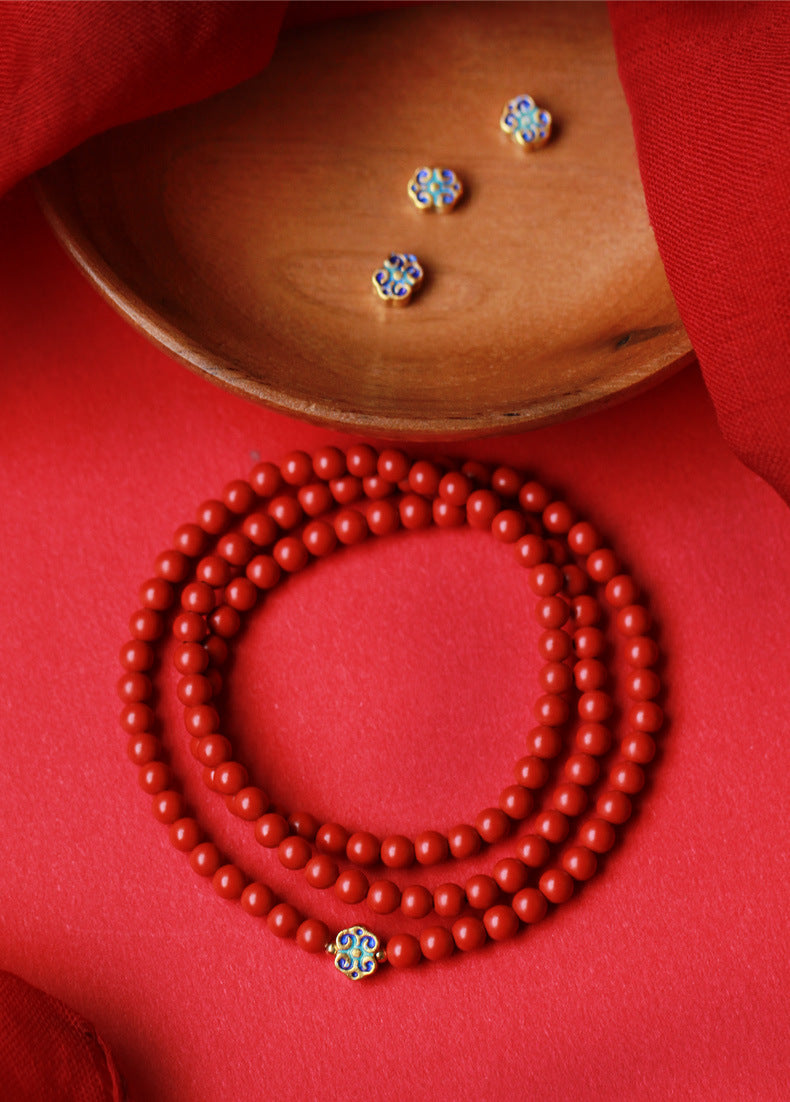 Elegant Women's 3-Loop Vermilion Bead Bracelet – 6mm Round Red Cinnabar Gift