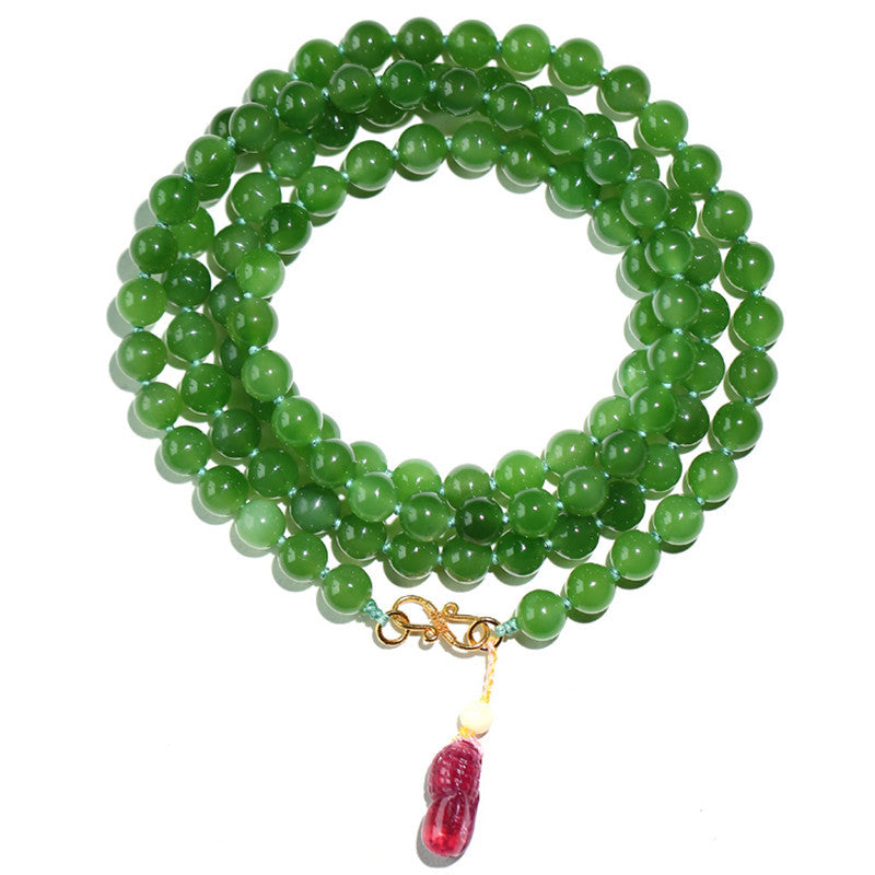 Elegant Women's Vintage Apple Green Jade Bracelet - Hetian Jade Multi-Loop Bracelet & Necklace Two-in-One Design with Tourmaline Charms