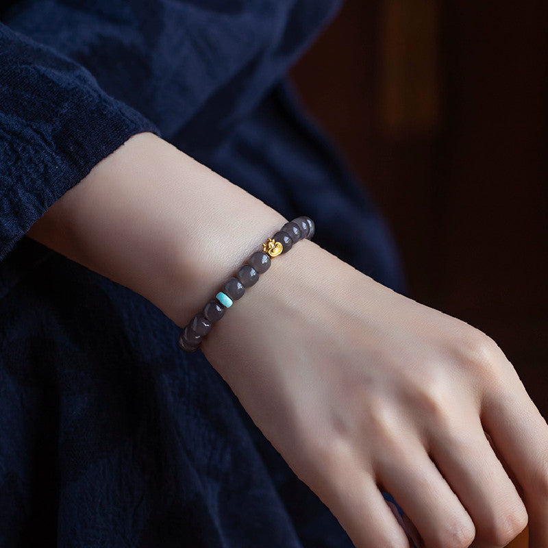 Hetian Jade Smoke Purple Buddha Bead Bracelet 14k Gold Plated Fortune Ox Deep and Light Smoke Purple Bracelet Old Style Beads 7*8 Hetian Jade Bracelet