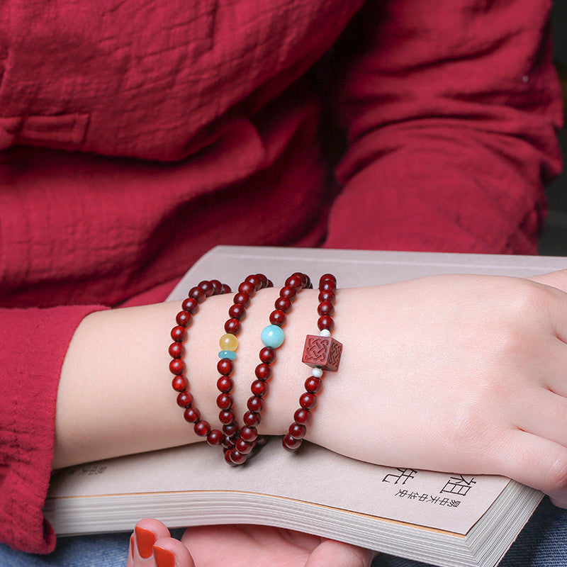 Small Leaf Red Sandalwood Buddha Bead Bracelet Women's 6mm Multi-loop Sandalwood Bracelet Old Material Gold Star Creative Multi-treasure Cultural Plaything
