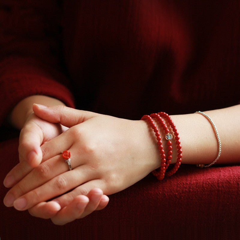 Elegant Women's 3-Loop Vermilion Bead Bracelet – 6mm Round Red Cinnabar Gift
