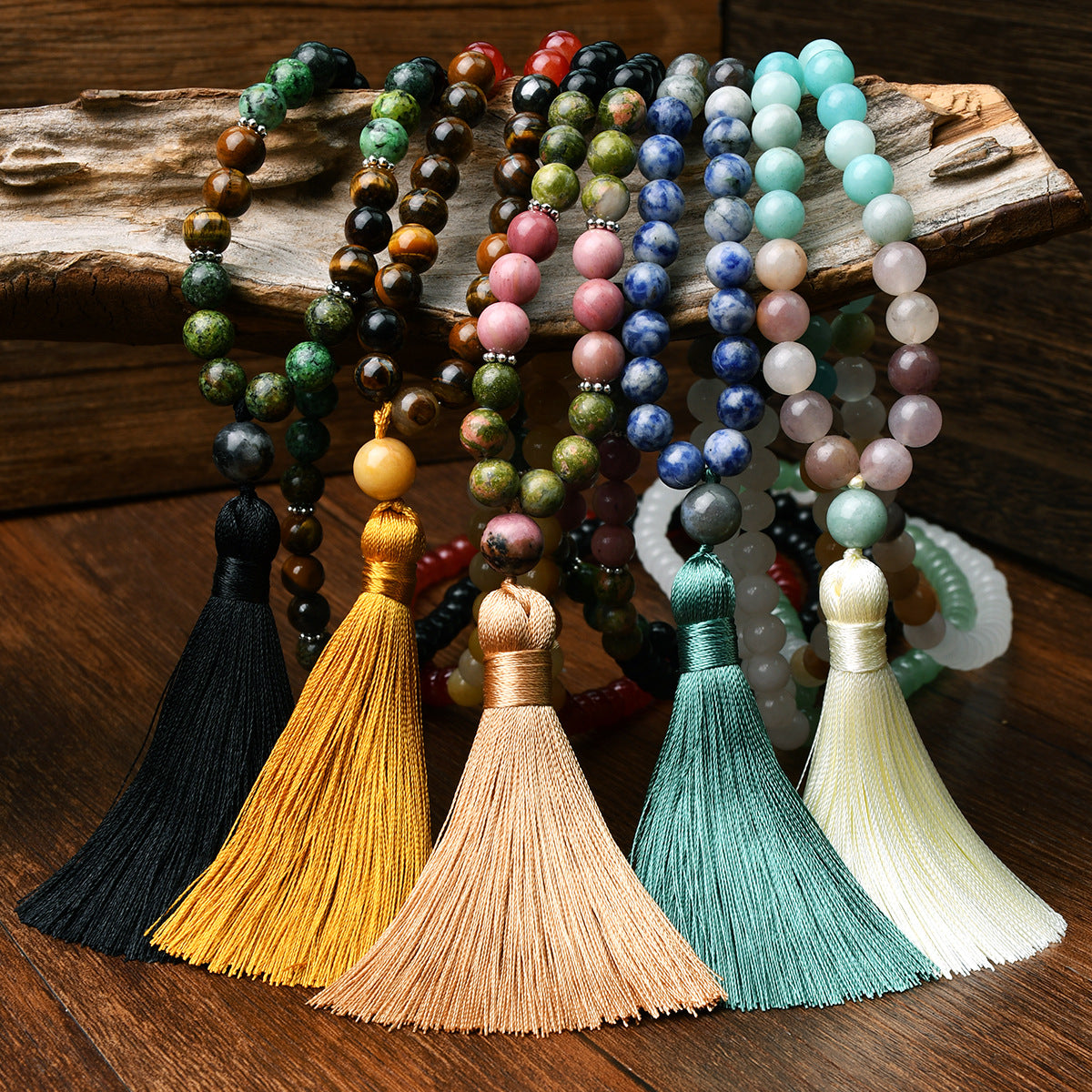 （Buy one, get one free）New 108 Faith Prayer Bead Necklace Handmade Beaded Multi Circle Prayer Bracelet Natural Stone Bohemian Tassel Long Necklace