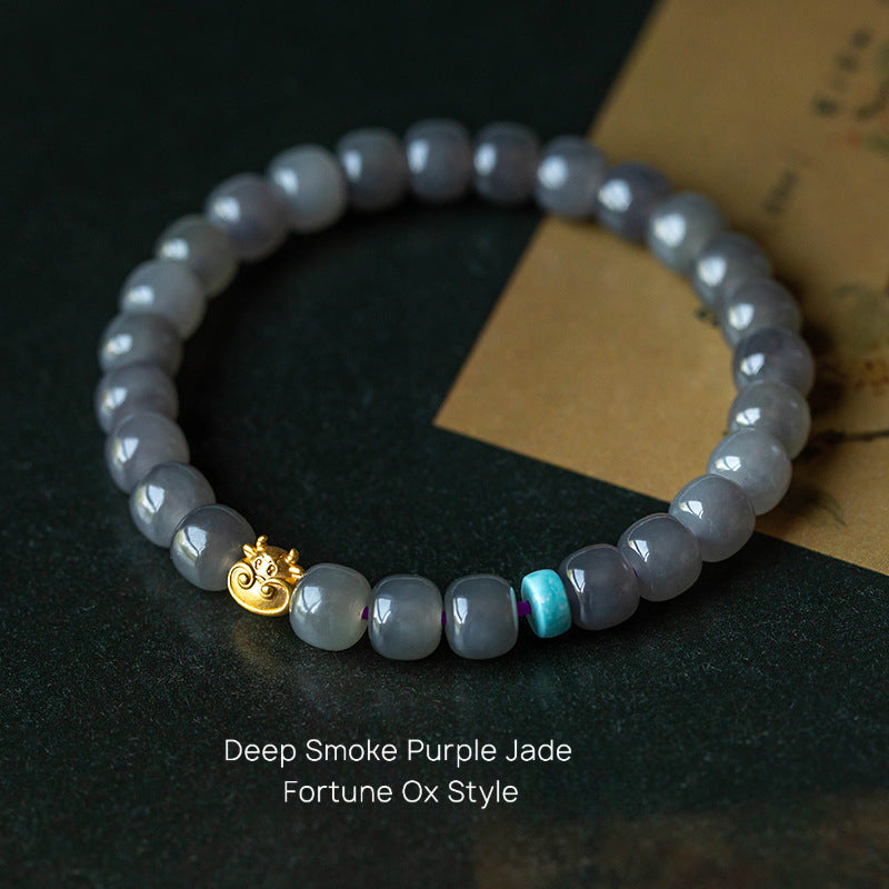 Hetian Jade Smoke Purple Buddha Bead Bracelet 14k Gold Plated Fortune Ox Deep and Light Smoke Purple Bracelet Old Style Beads 7*8 Hetian Jade Bracelet