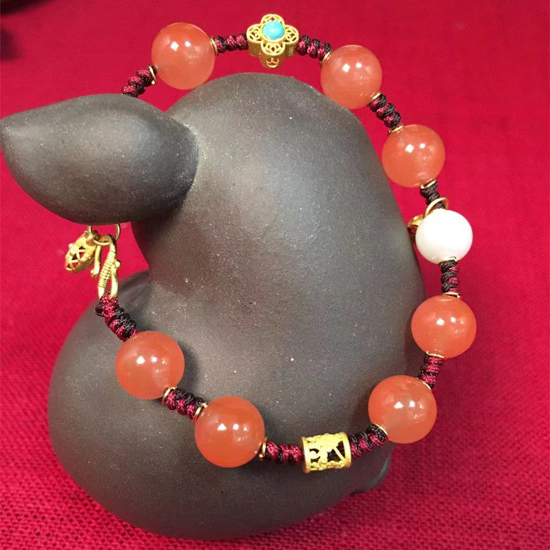 Women's Southern Red Bracelet Cherry Red Woven Bracelet Ancient Silver Jewelry Vintage Bracelet Ethnic Style One Piece Dropshipping