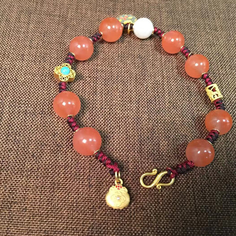 Women's Southern Red Bracelet Cherry Red Woven Bracelet Ancient Silver Jewelry Vintage Bracelet Ethnic Style One Piece Dropshipping