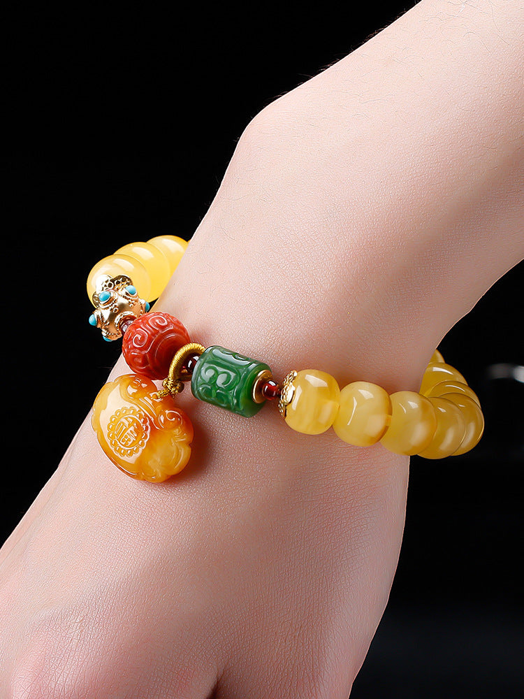 Women's Amber Old Style Bead Bracelet 7*9 Beads with Amber Ruyi Lock Pendant Bracelet Jasper Southern Red Retro Bracelet