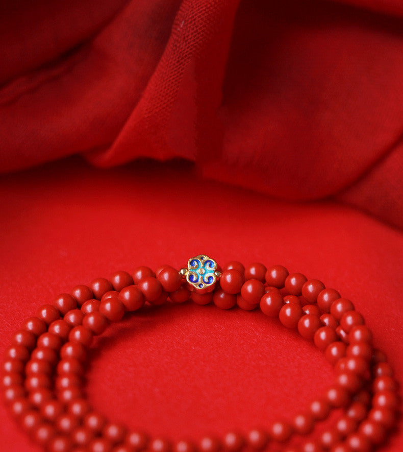 Elegant Women's 3-Loop Vermilion Bead Bracelet – 6mm Round Red Cinnabar Gift