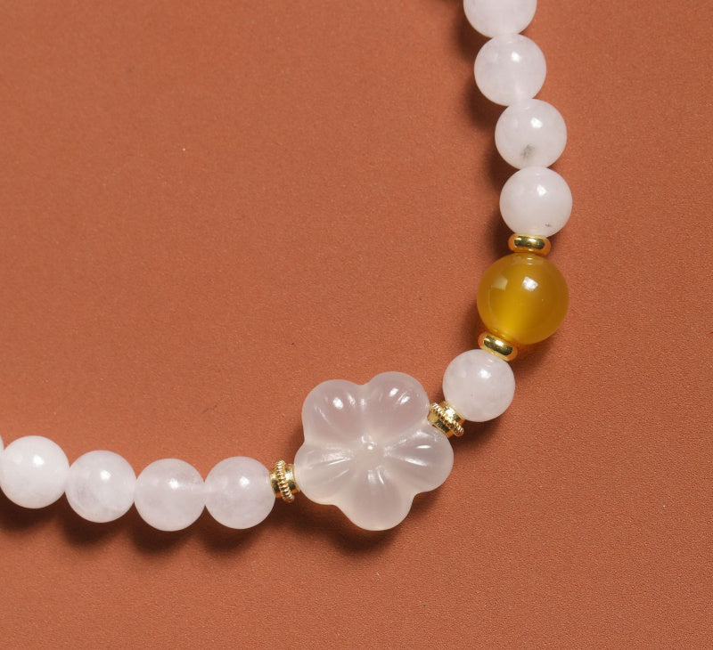 Double ring crystal bracelet paired with white jade marrow peach blossom, niche, fresh, versatile, jewelry for women