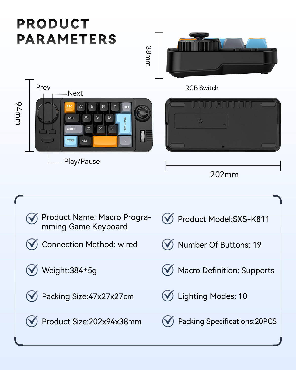 K811 Wired 19 Key Gaming Keyboard multi functional knob and joystick