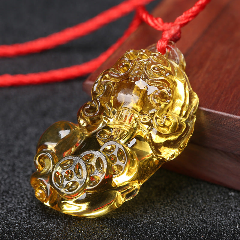 East Sea Imitation Natural Yellow Crystal Pixiu Pendant Men's Necklace Women's Obsidian Pendant Buddhist Bead Jewelry