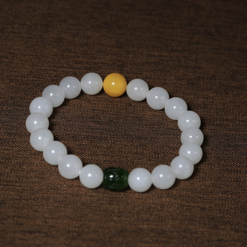 10mm Hetian White Jade Buddha Bead Bracelet Hetian Jasper Fortune Bead Bracelet Beeswax Fortune Bead Bracelet