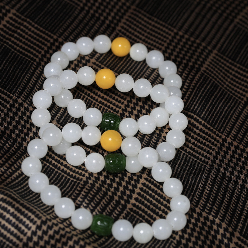 10mm Hetian White Jade Buddha Bead Bracelet Hetian Jasper Fortune Bead Bracelet Beeswax Fortune Bead Bracelet