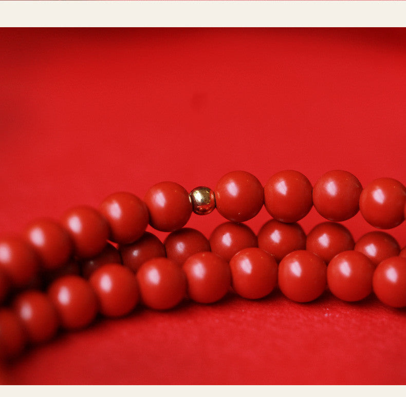 Elegant Women's 3-Loop Vermilion Bead Bracelet – 6mm Round Red Cinnabar Gift