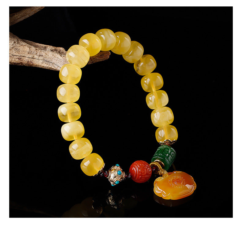 Women's Amber Old Style Bead Bracelet 7*9 Beads with Amber Ruyi Lock Pendant Bracelet Jasper Southern Red Retro Bracelet
