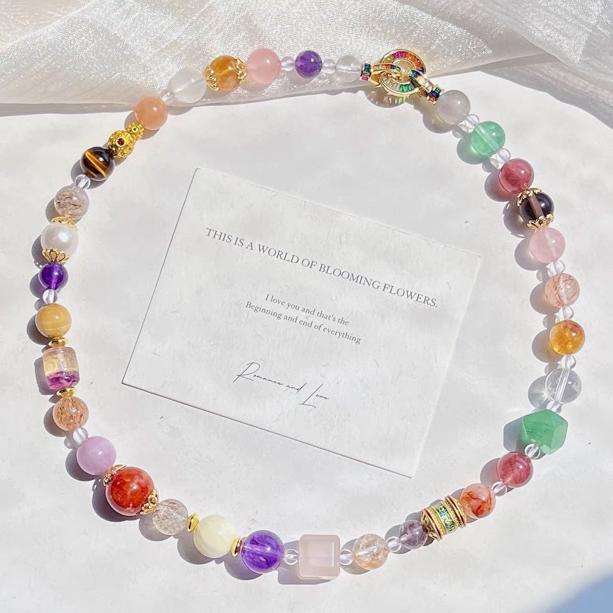 Original Design Real Shot Natural Kunzite Pearl Black Gold Super Seven White Crystal Yellow Crystal Multi-Gem Necklace Collarbone Chain