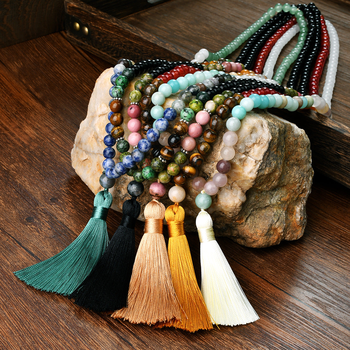 （Buy one, get one free）New 108 Faith Prayer Bead Necklace Handmade Beaded Multi Circle Prayer Bracelet Natural Stone Bohemian Tassel Long Necklace