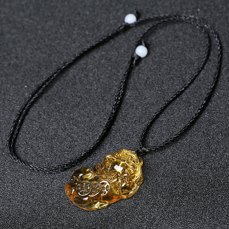 East Sea Imitation Natural Yellow Crystal Pixiu Pendant Men's Necklace Women's Obsidian Pendant Buddhist Bead Jewelry