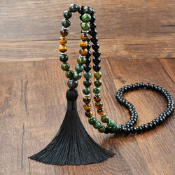 （Buy one, get one free）New 108 Faith Prayer Bead Necklace Handmade Beaded Multi Circle Prayer Bracelet Natural Stone Bohemian Tassel Long Necklace