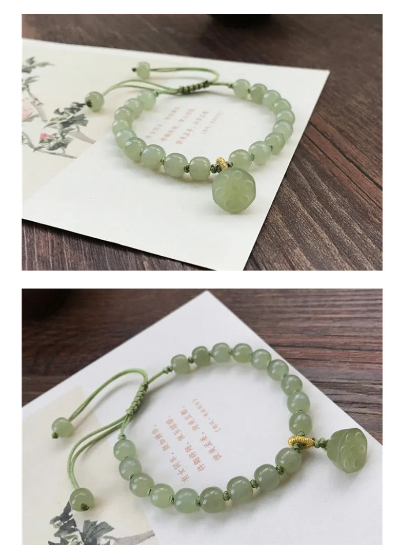 Elegant Women's Hetian Jade Bracelet: Old-Style Beads with Qingshui Jade Lotus Pendant – A Refreshing Hand Accessory & Thoughtful Gift