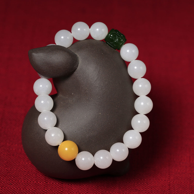 10mm Hetian White Jade Buddha Bead Bracelet Hetian Jasper Fortune Bead Bracelet Beeswax Fortune Bead Bracelet
