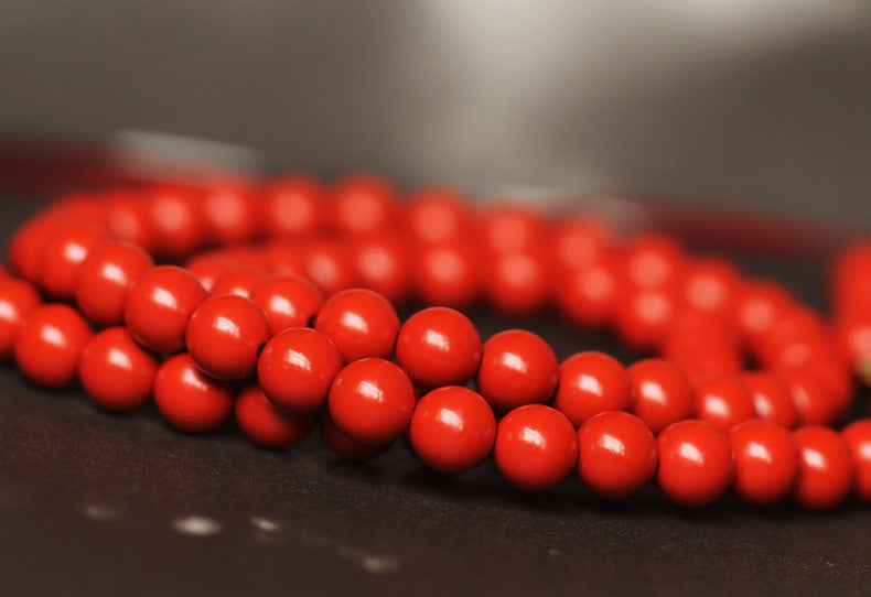 Elegant Women's 3-Loop Vermilion Bead Bracelet – 6mm Round Red Cinnabar Gift