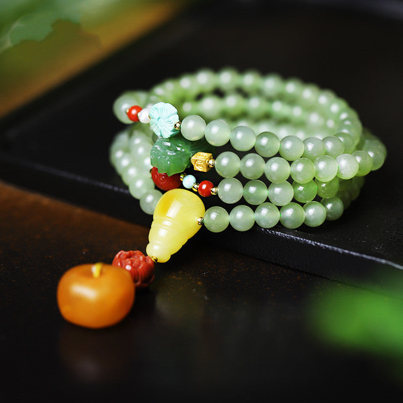 Oil-green Hetian Jade bracelet, 108 Buddha beads, old amber round clasp pendant, multi-circle bracelet