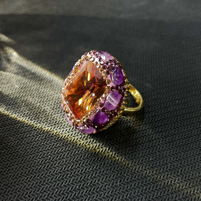 Vintage Style Natural Amethyst Gemstone Ring Niche Temperament Open Retro adjustable openning High-end Feel Ring for Women