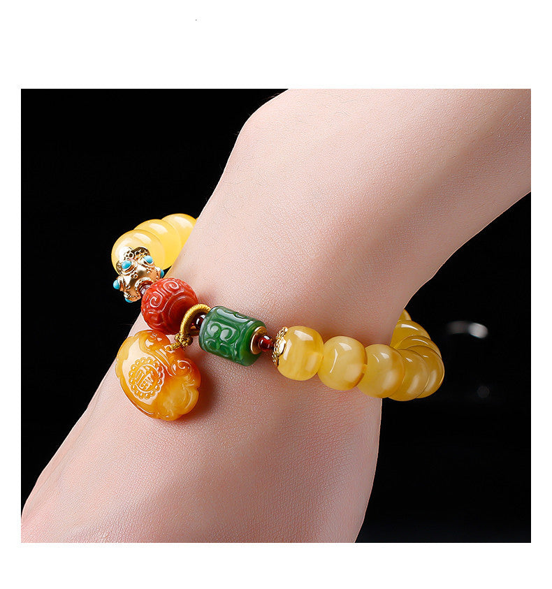 Women's Amber Old Style Bead Bracelet 7*9 Beads with Amber Ruyi Lock Pendant Bracelet Jasper Southern Red Retro Bracelet