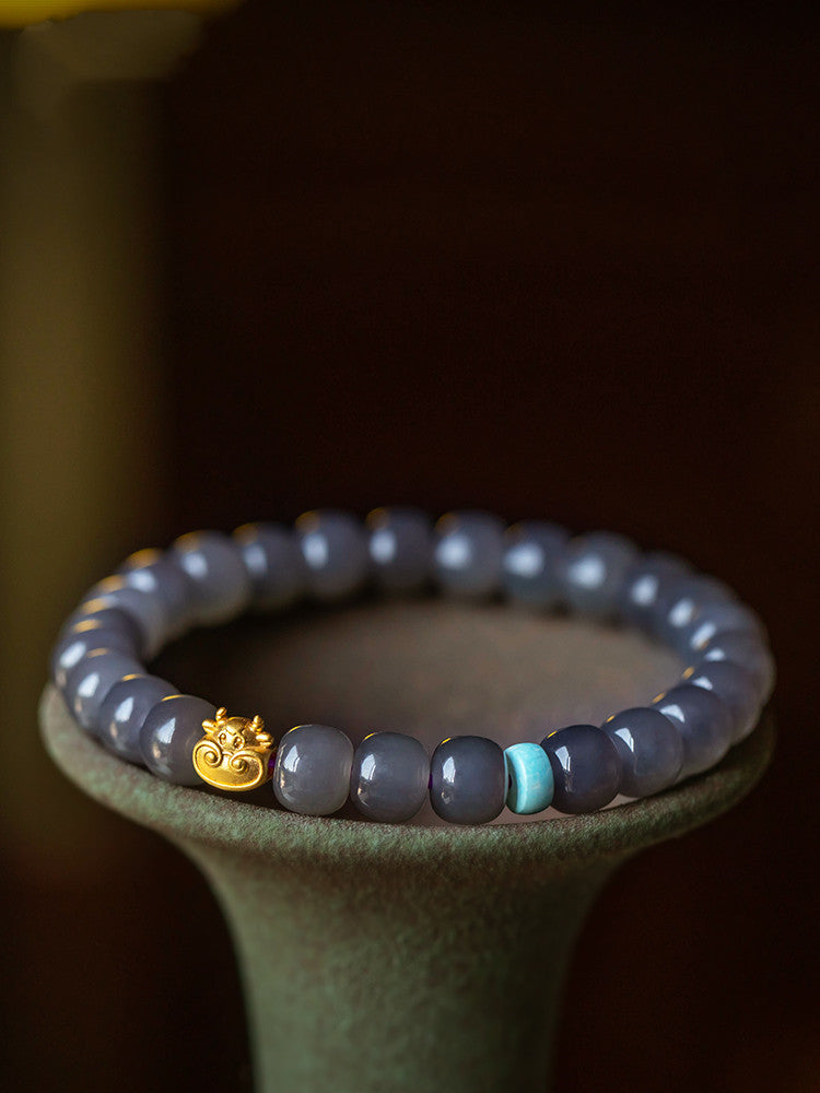 Hetian Jade Smoke Purple Buddha Bead Bracelet 14k Gold Plated Fortune Ox Deep and Light Smoke Purple Bracelet Old Style Beads 7*8 Hetian Jade Bracelet