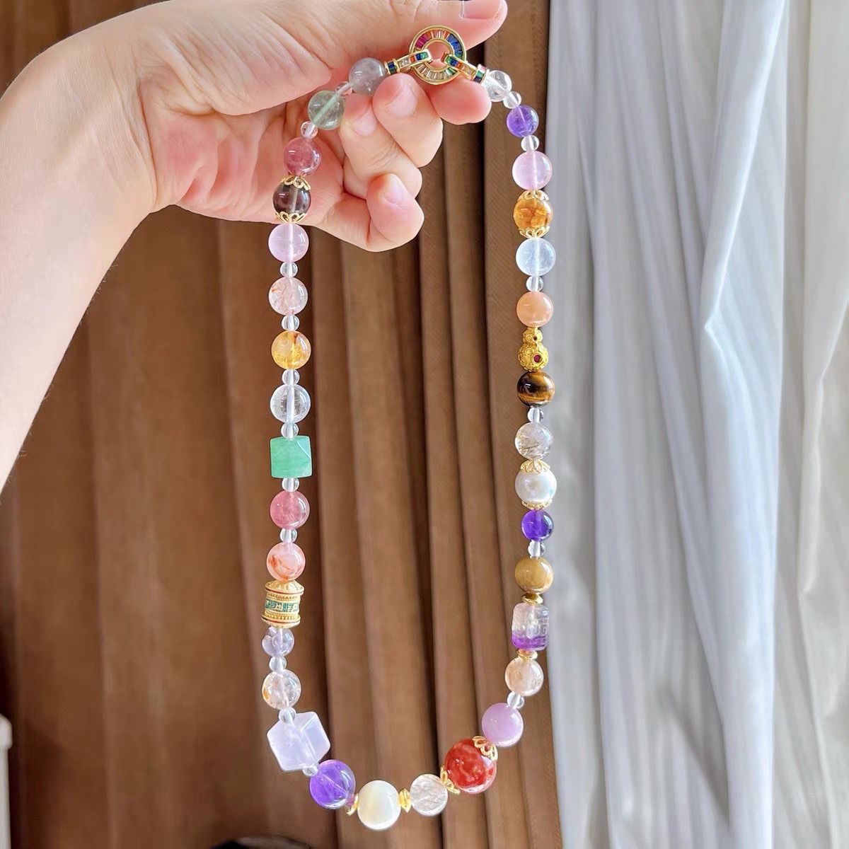 Original Design Real Shot Natural Kunzite Pearl Black Gold Super Seven White Crystal Yellow Crystal Multi-Gem Necklace Collarbone Chain