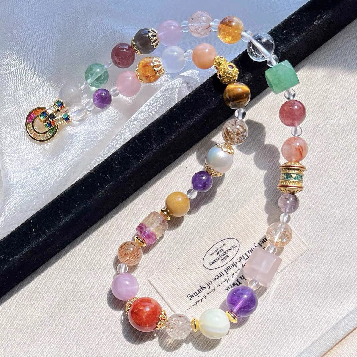 Original Design Real Shot Natural Kunzite Pearl Black Gold Super Seven White Crystal Yellow Crystal Multi-Gem Necklace Collarbone Chain
